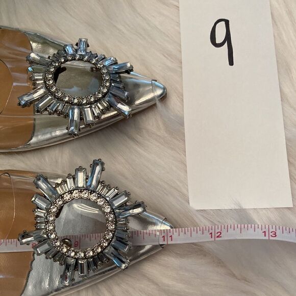 Vinyl Clear Silver Rhinestone Pointed Toe Kitten Heel Slingback Sandals Shoes - Picture 13 of 13